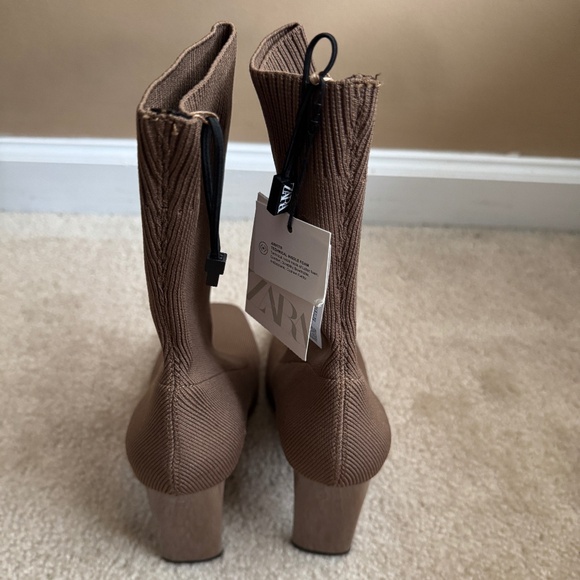 ZARA HEELED SOCK-STYLE ANKLE STRETCHY BOOTS SQUARE TOE BROWN - Picture 4 of 5